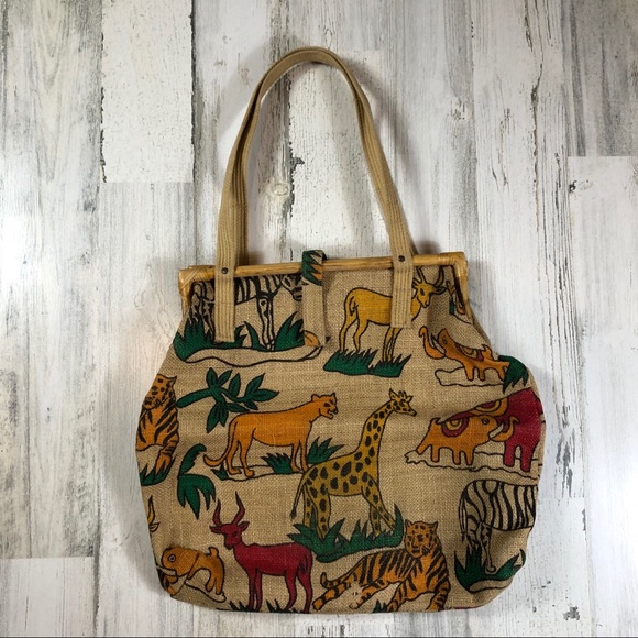 Handbags - Burlap Safari Printed Bag w/ Wood Details